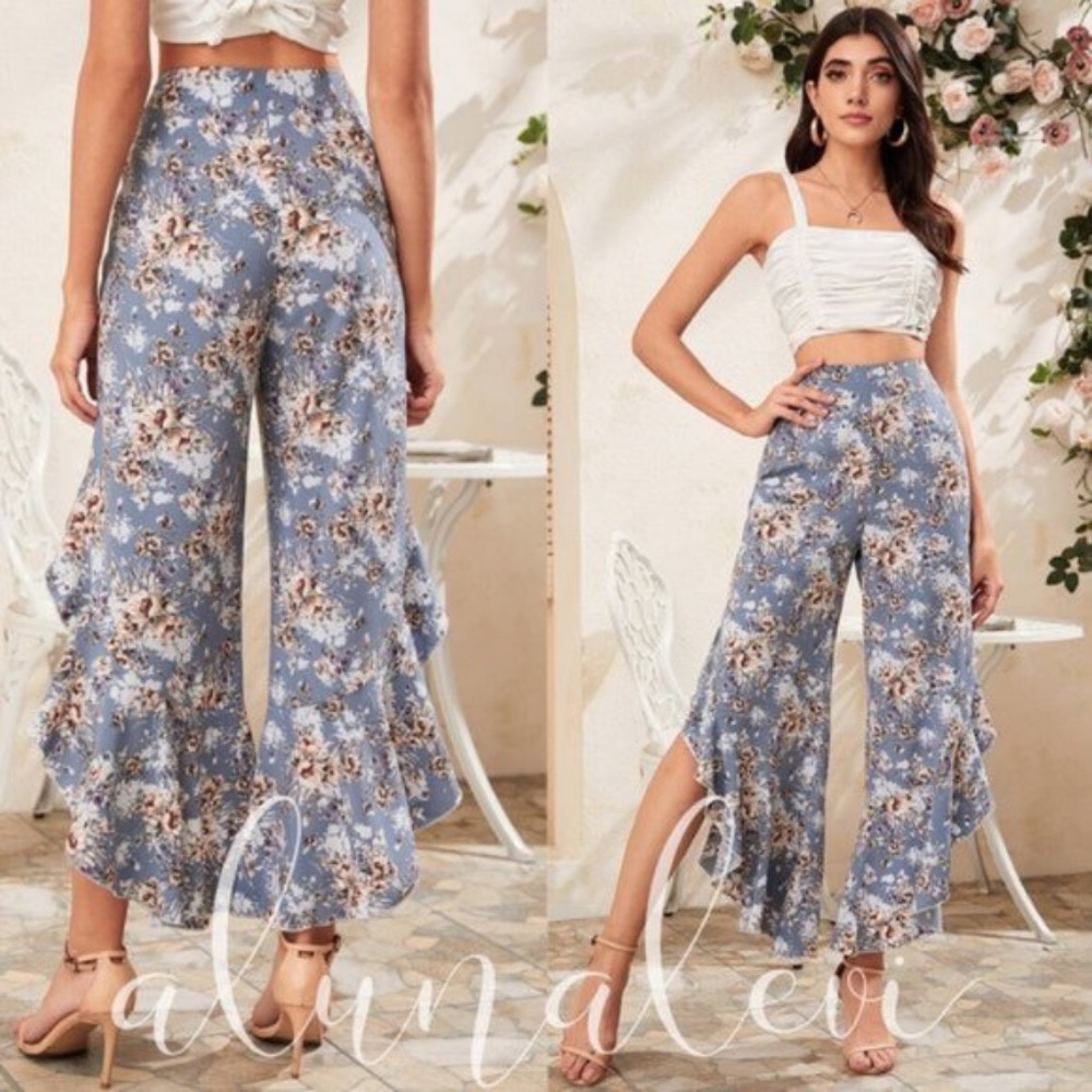 Boho Floral Print dusty blue Ruffle Wide Leg pants - Picture 3 of 3